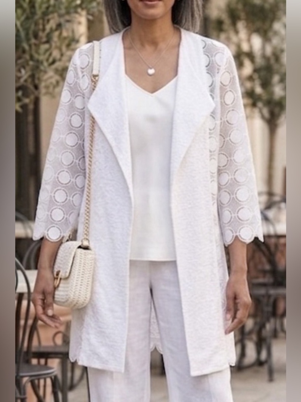 Chico’s Travelers Circle Lace Crushed Open Front Jacket